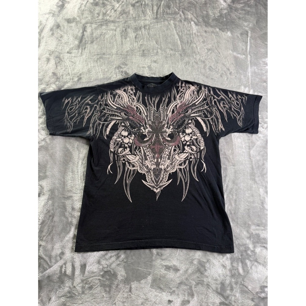 Raw State Dragon Skull Cross T-Shirt Men L Black Cotton 2000s RN 92291 Used